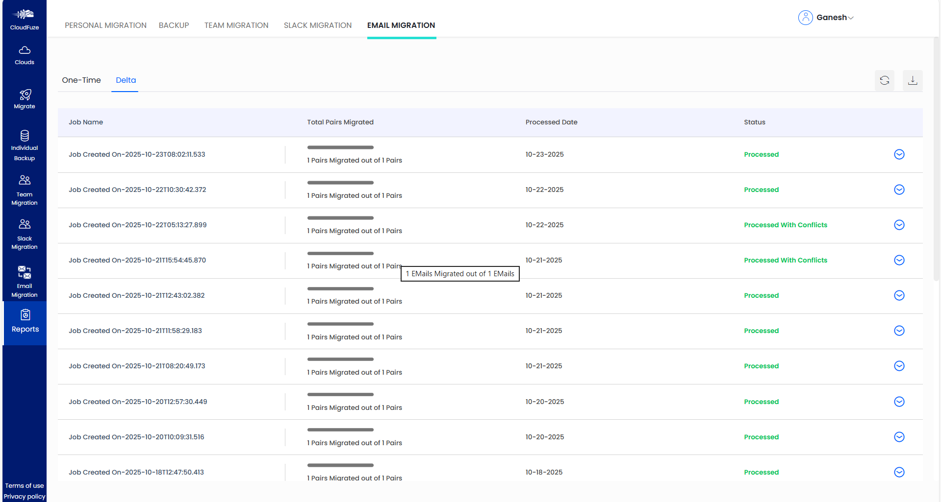 Switch Outlook to Gmail - Delta Migration Report