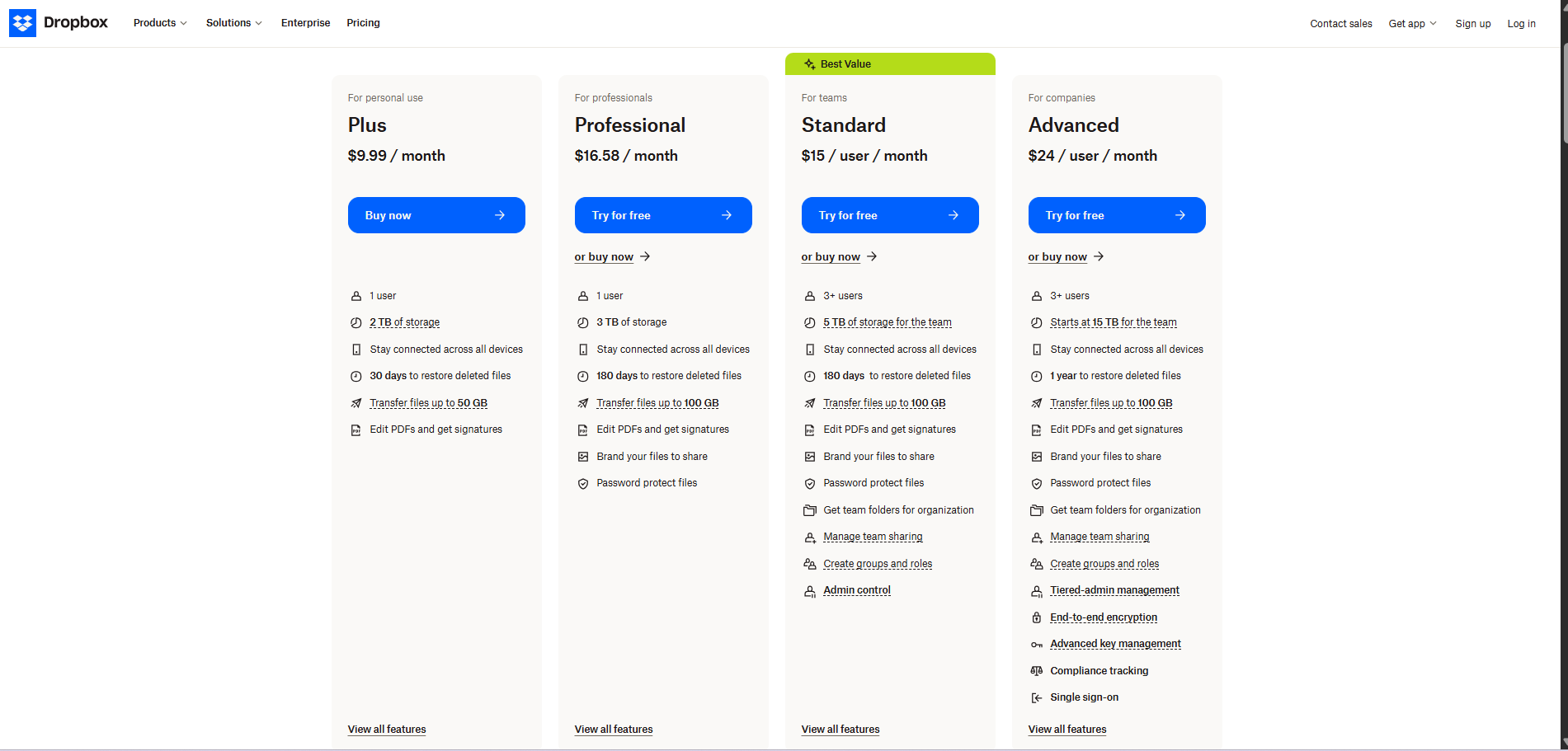 glimpse of Dropbox’s plans and pricing