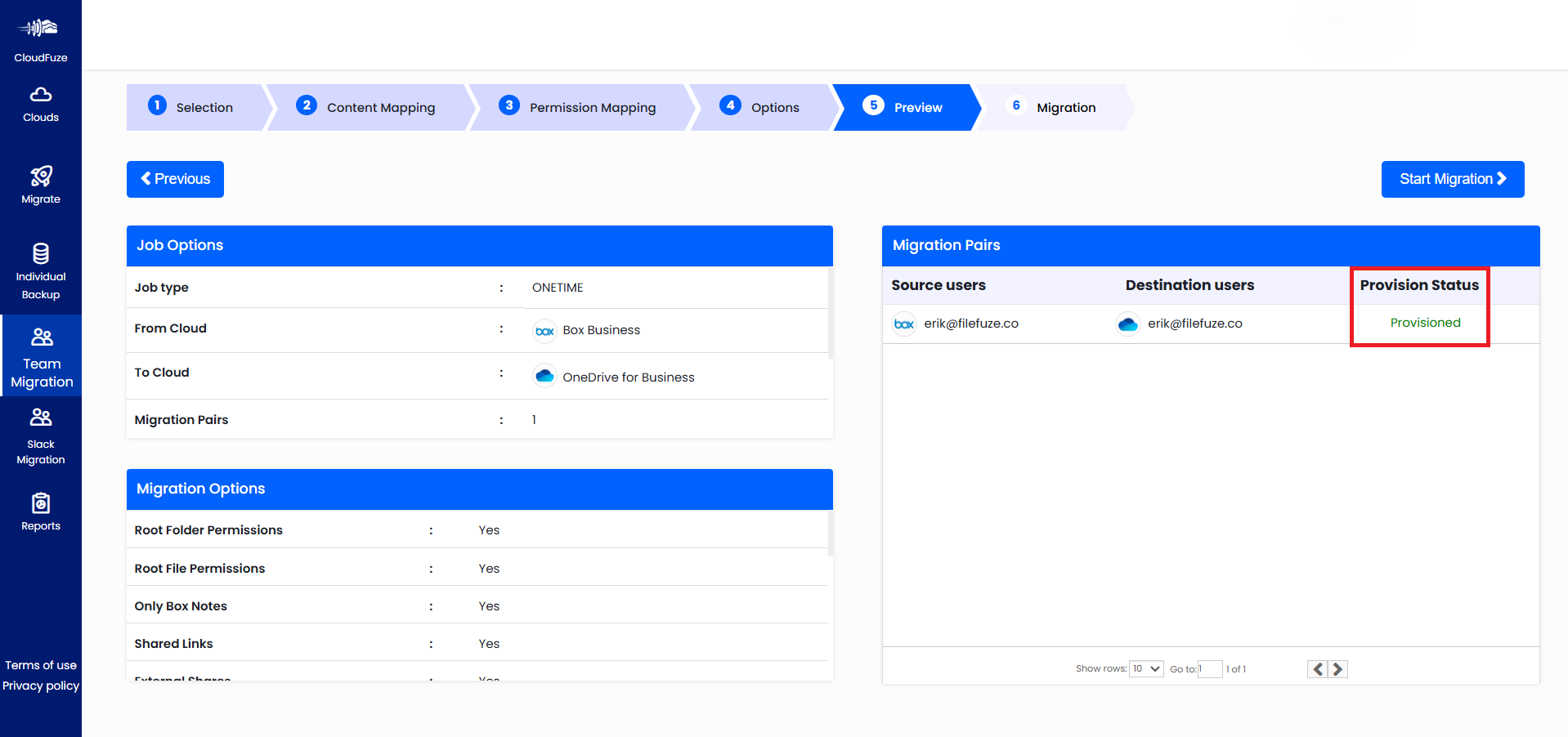 Box to OneDrive migration user provisioned