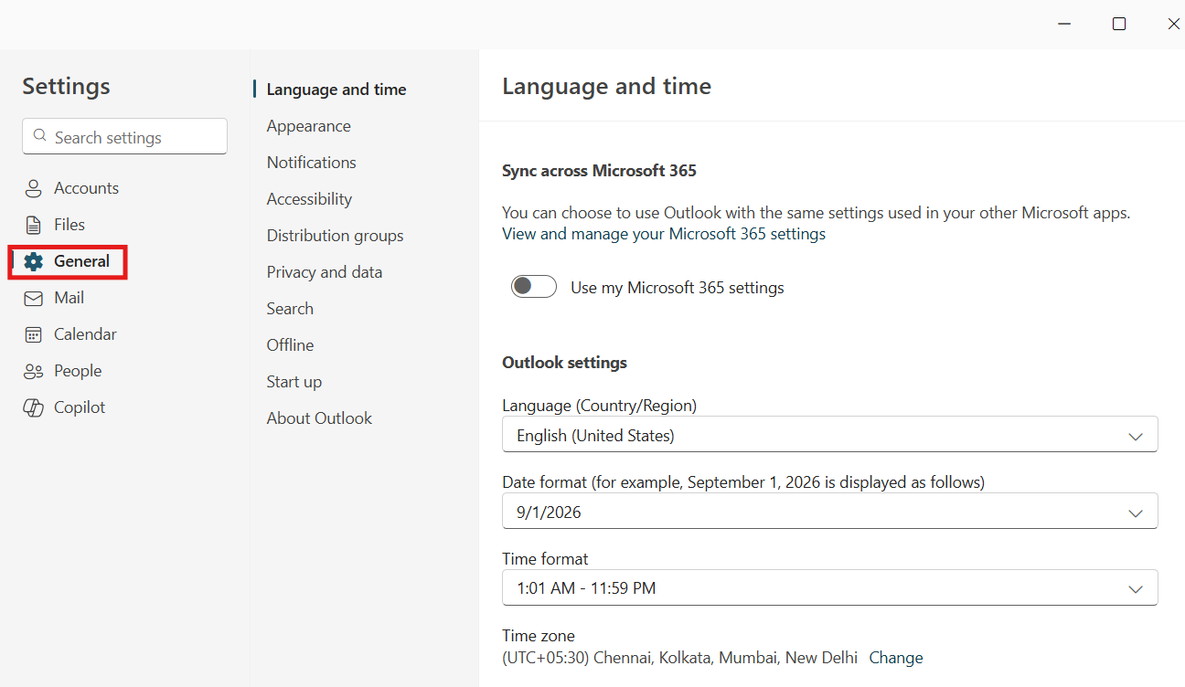Click on General Language and time