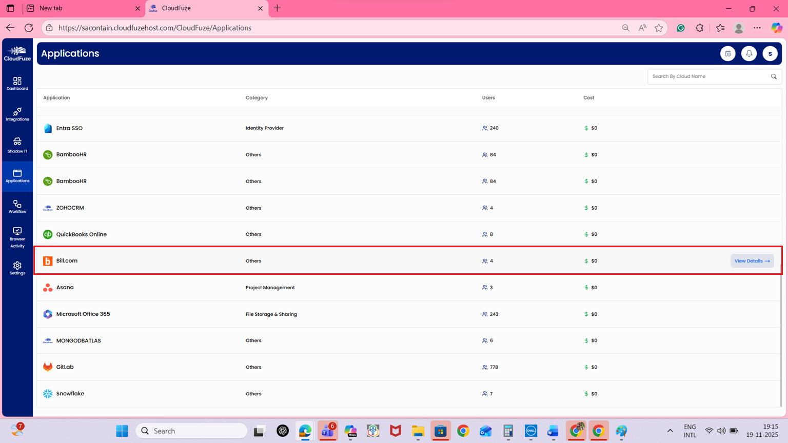 Once integrated, you’ll see Bill.com listed in the “Applications” widget