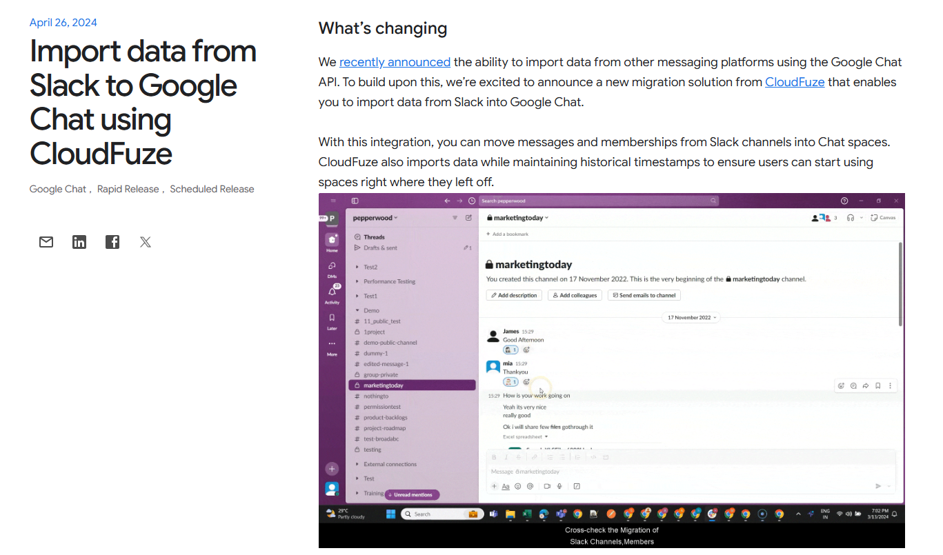 Slack-to-Google Chat migration using CloudFuze Migrate showcased in Google Workspace 