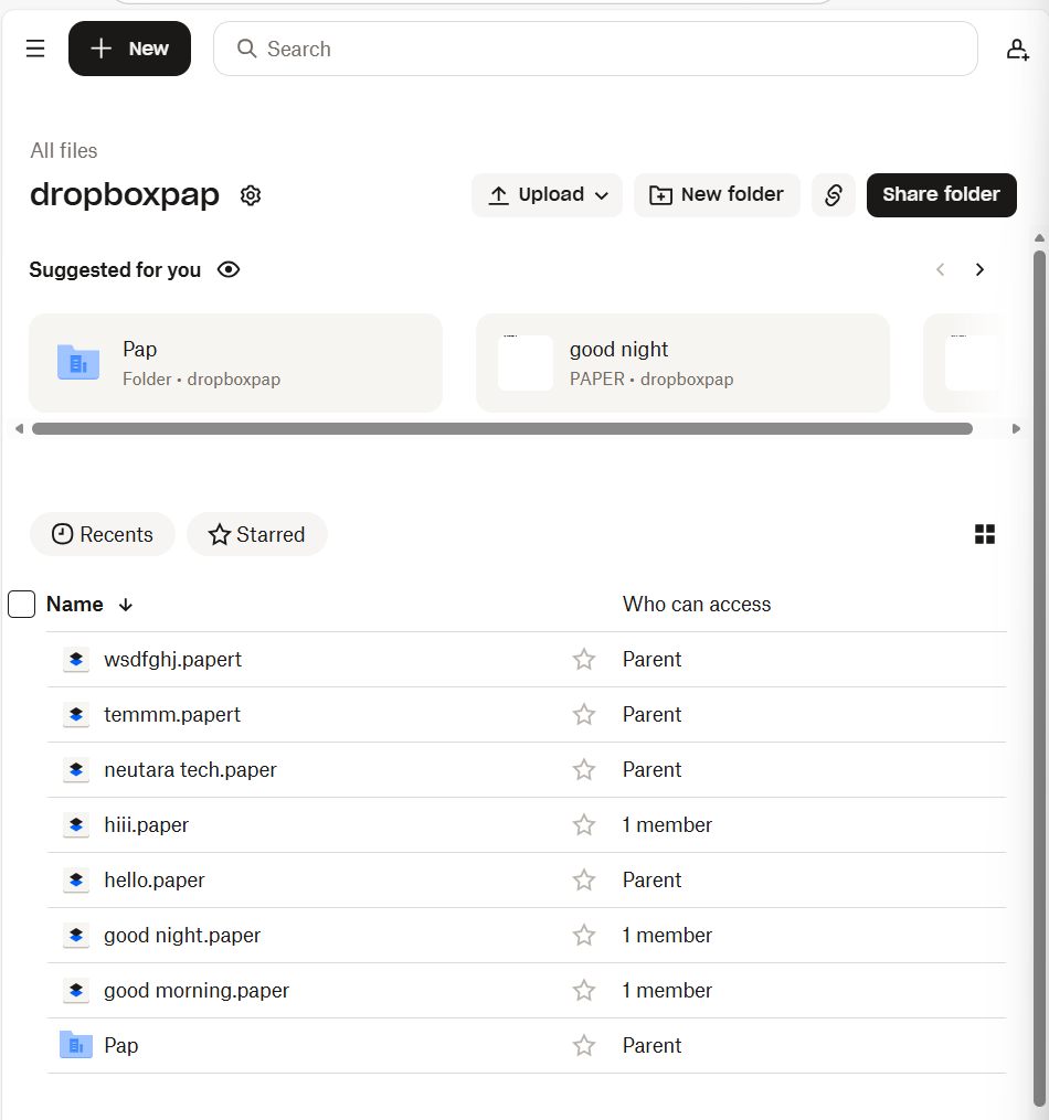 Shows Dropbox Paper files, Dropbox templates in Dropbox