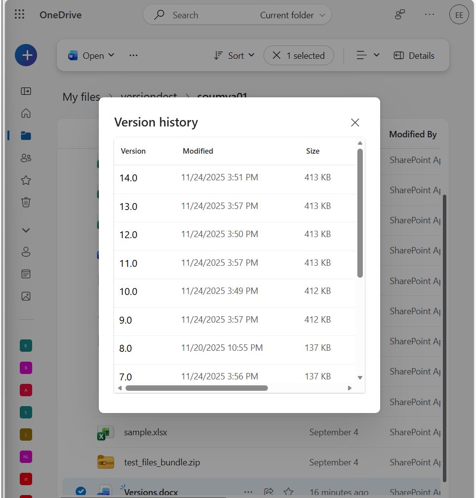 screenshot below shows the remaining six Egnyte file versions