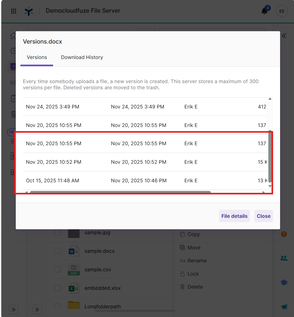 screenshot below shows the remaining three Egnyte file versions