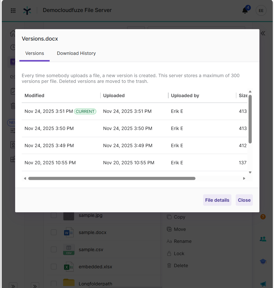 screenshot shows four Egnyte file versions