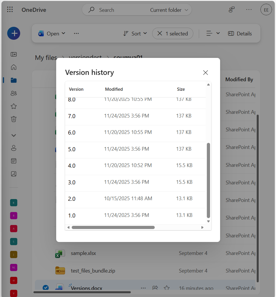 shows eight file versions of the Egnyte Versions document in the new OneDrive environment