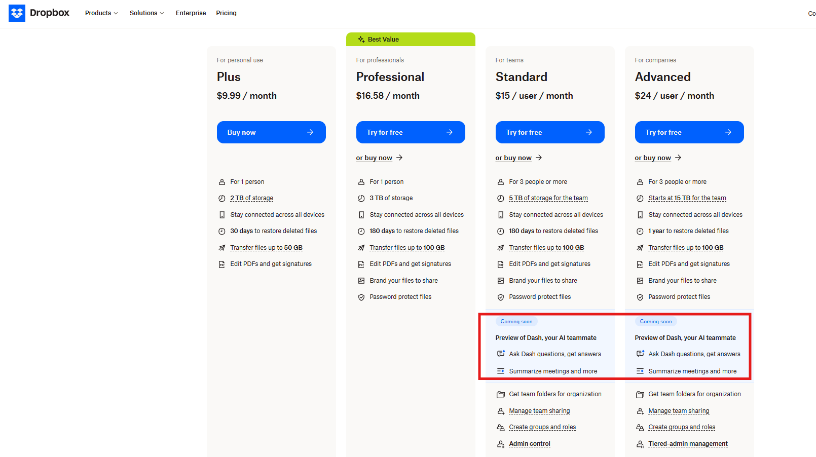 Dropbox plans with pricing along with upcoming AI features