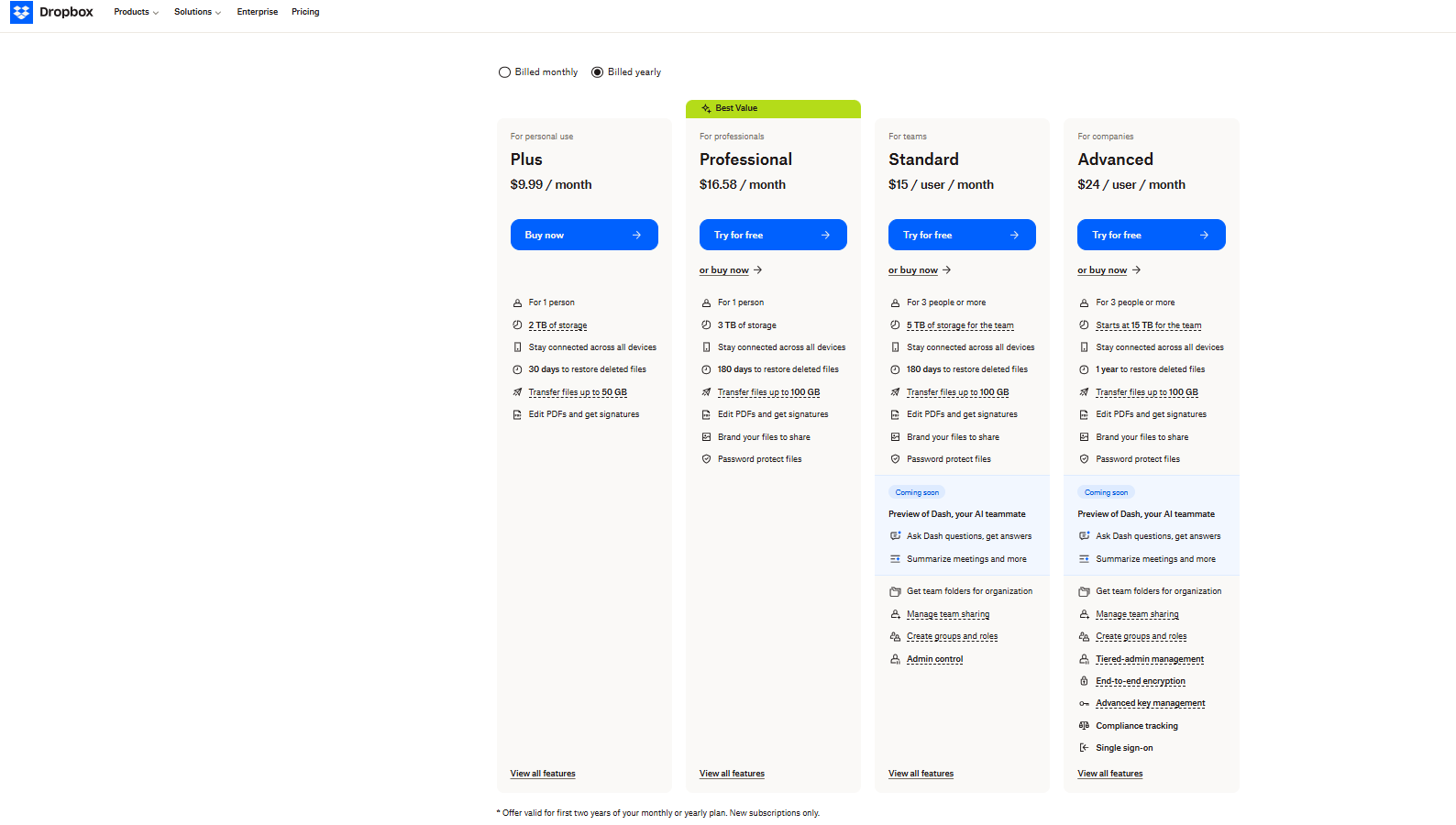 Dropbox’s plans and pricing