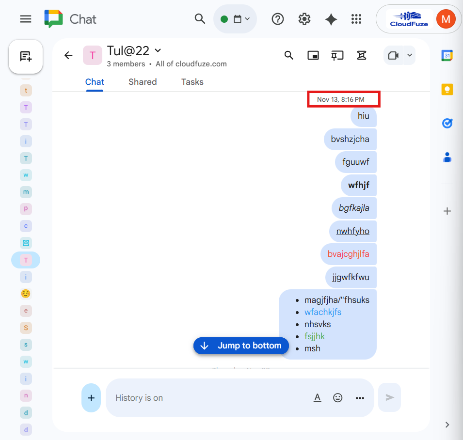 Tul@22 shown with Google Chat messages and timestamps