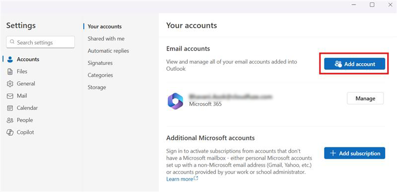 Adding account in Outlook
