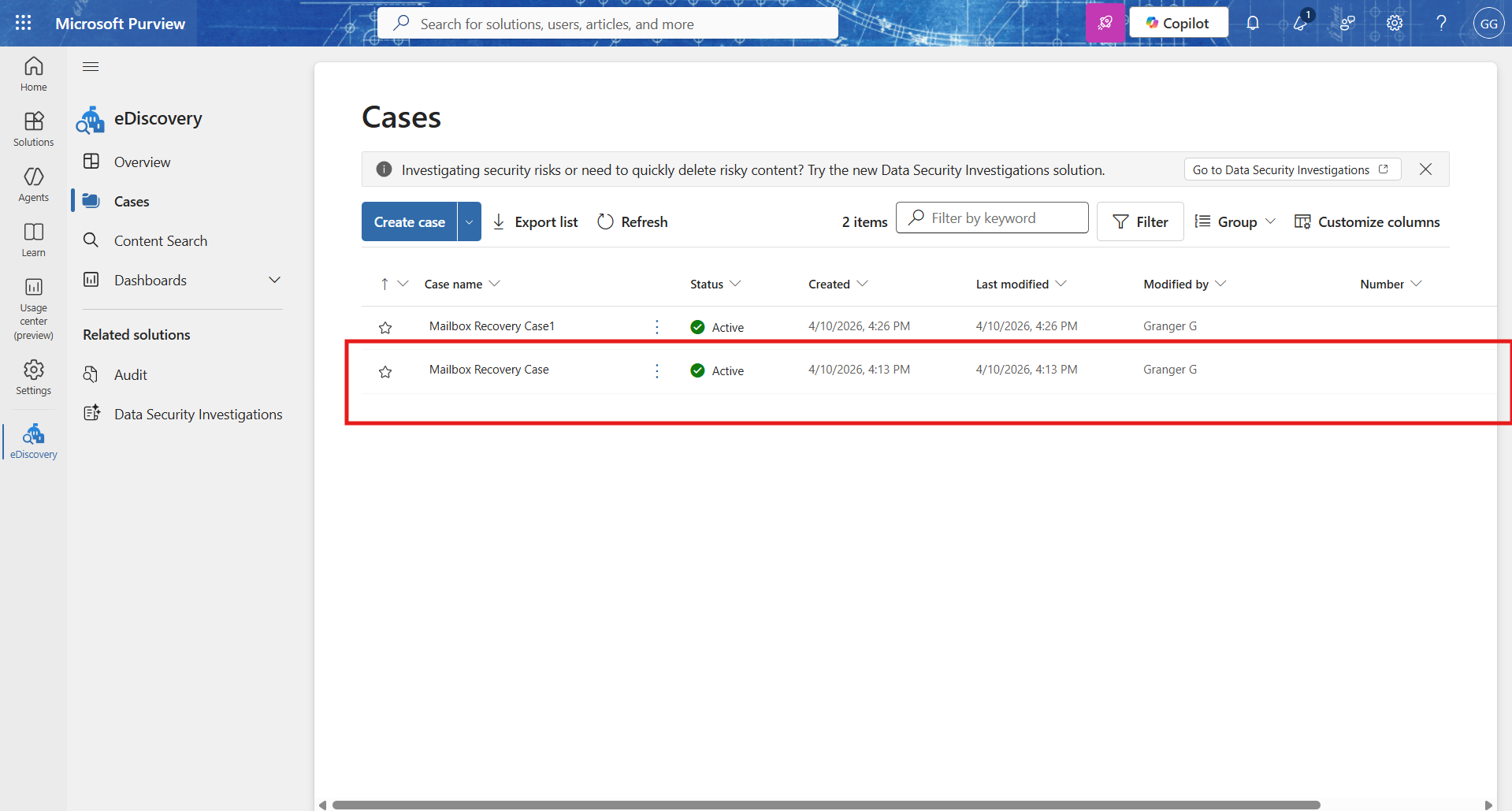 Checking the newly created case