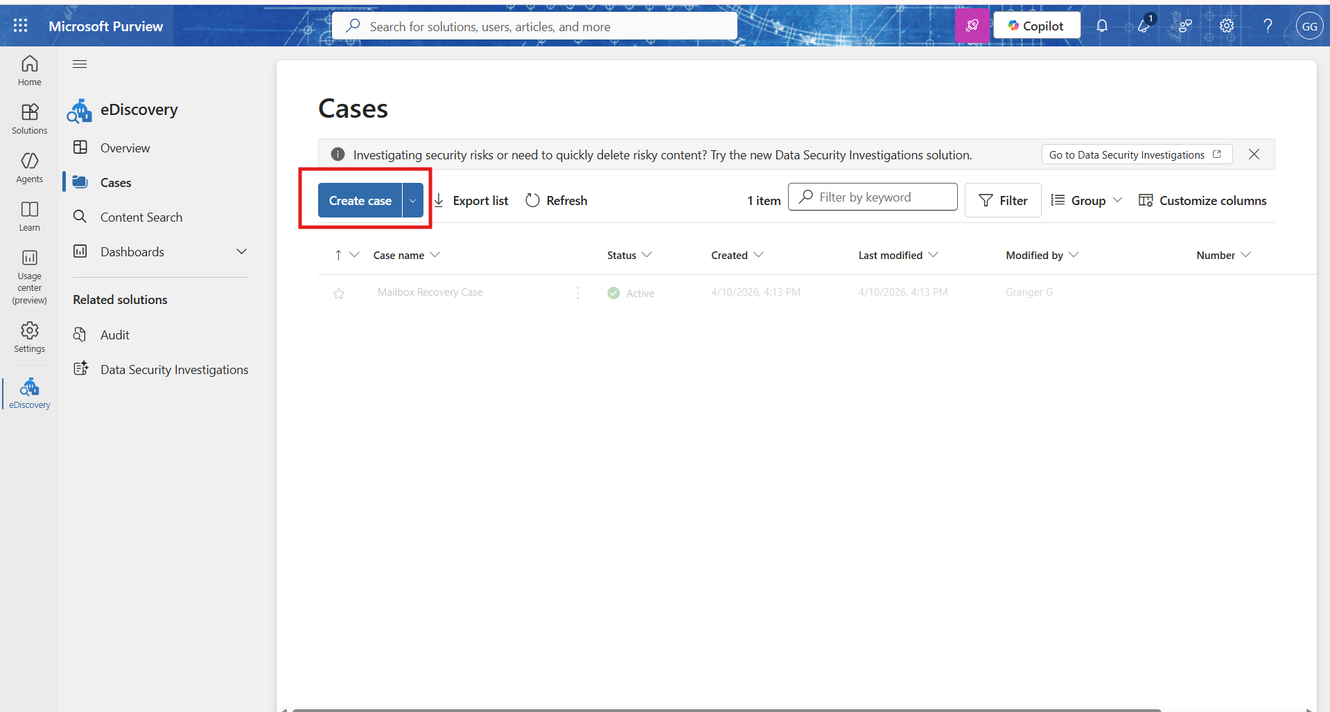Creating a case in eDiscovery