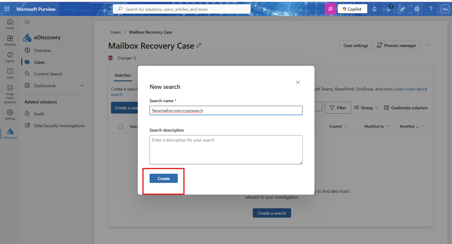 Creating a new case in purview
