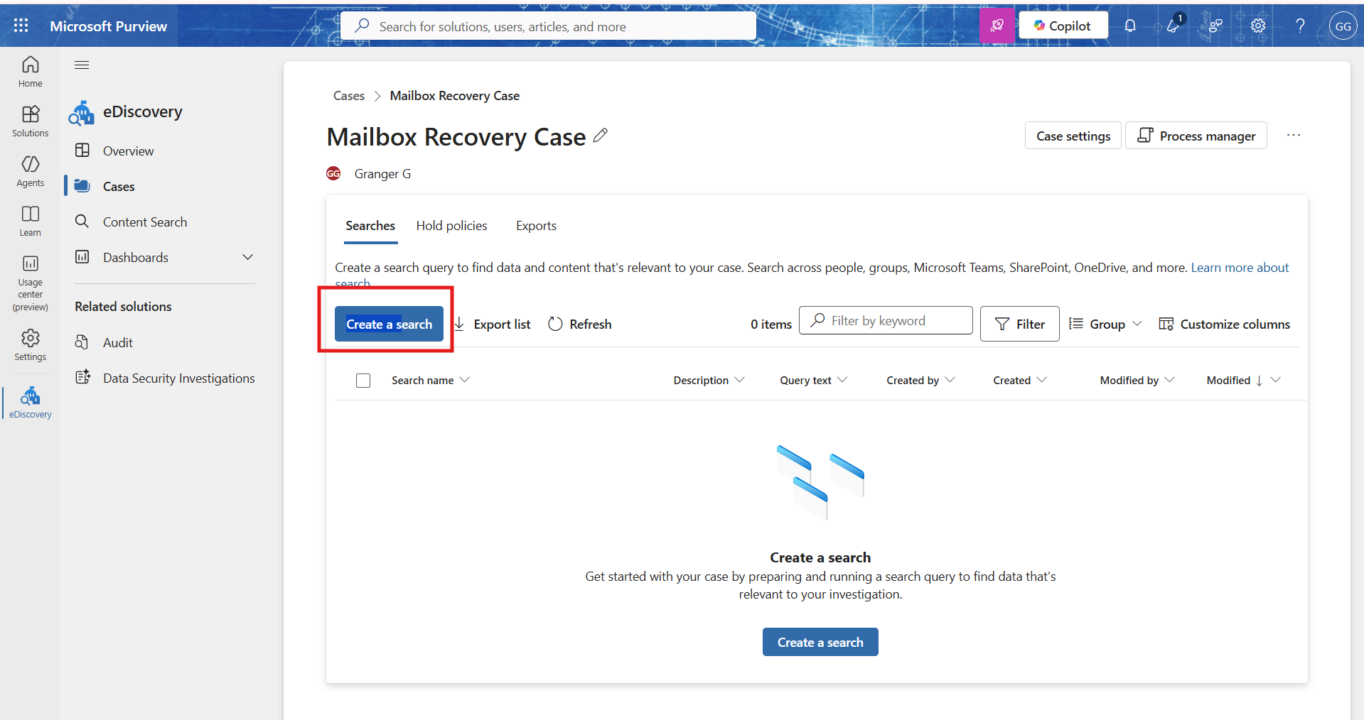 Creating a search under a new case
