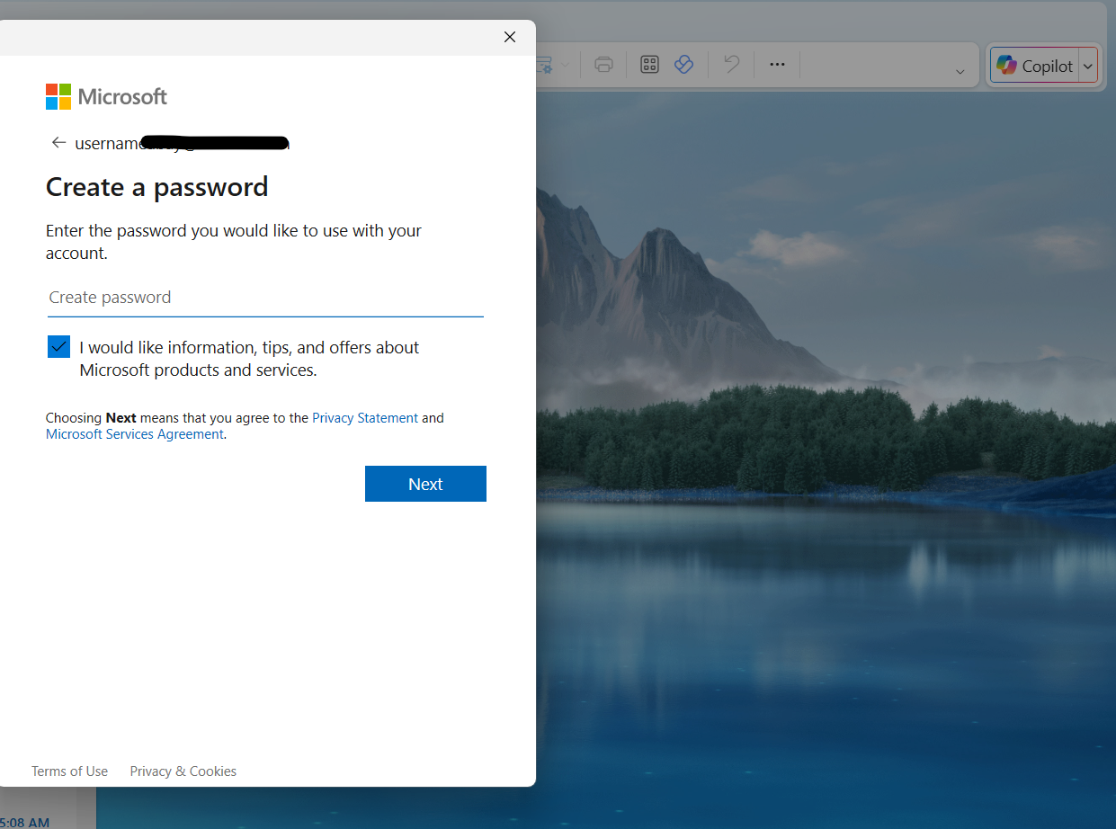 Creating password for new Outlook account