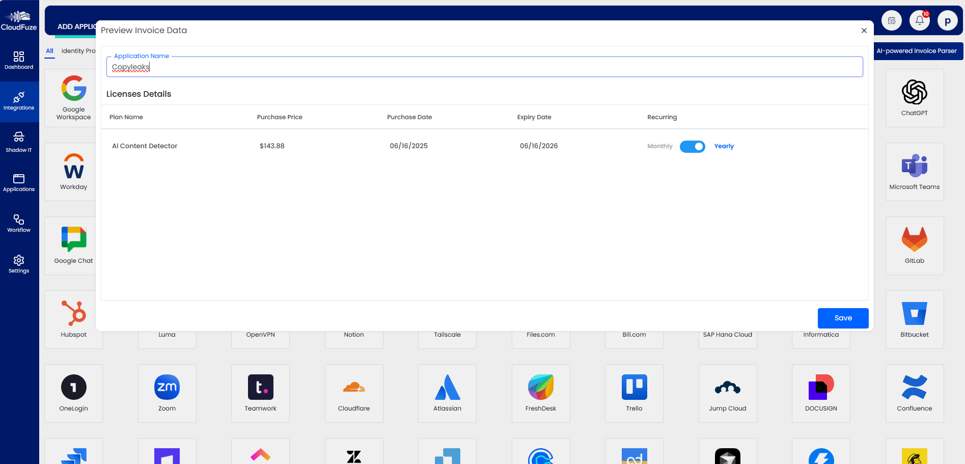 Dashboard Showing Parsed Invoice Details