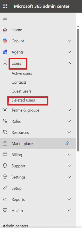 Deleted users under Microsoft 365 admin center