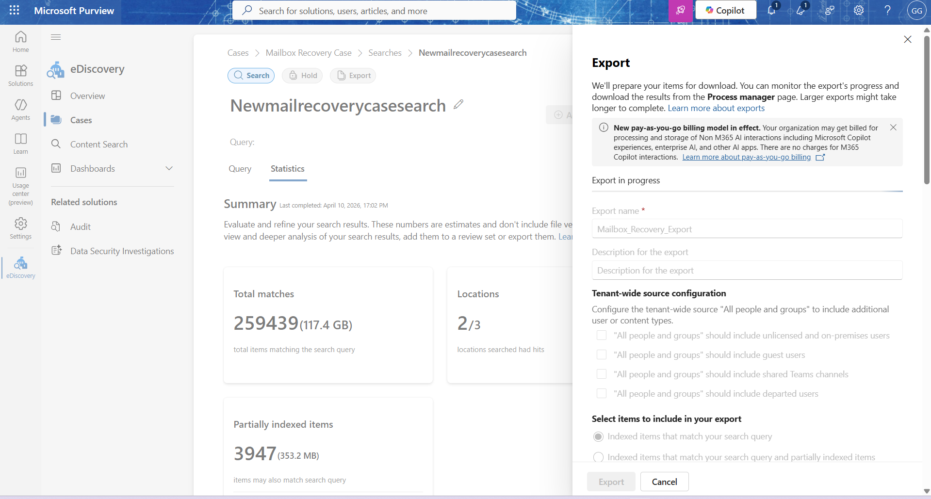 Export in progress under eDiscovery