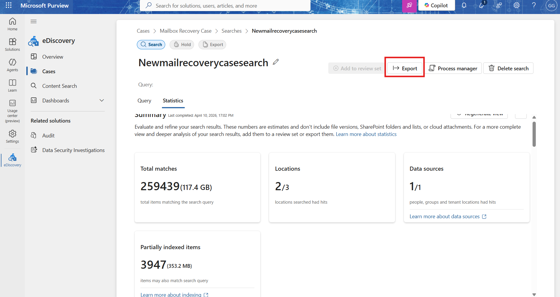 Exporting under new case created in purview