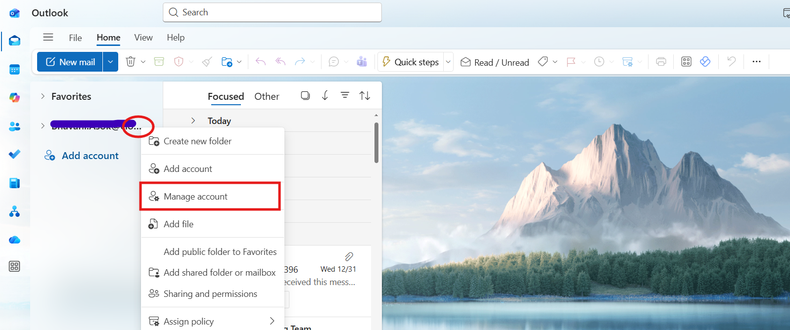 Manage account in Outlook