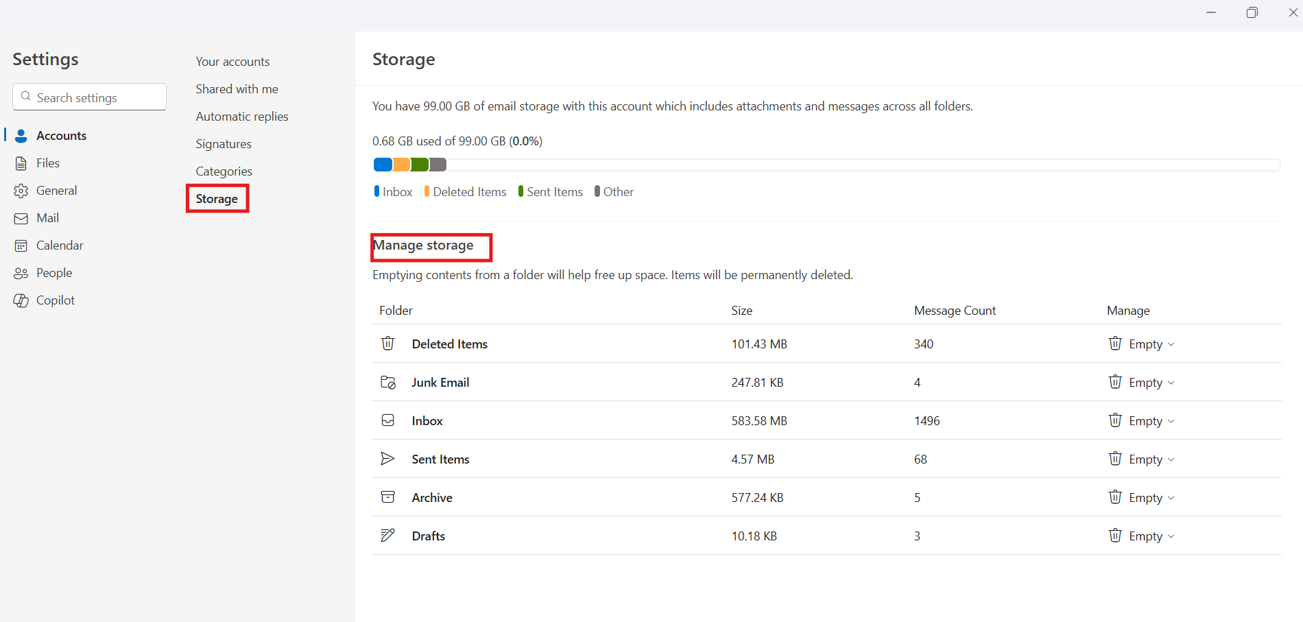 Managing storage in Outlook