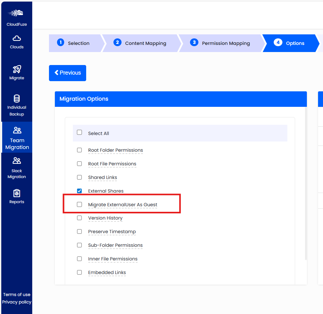 Migration Options in CloudFuze platform