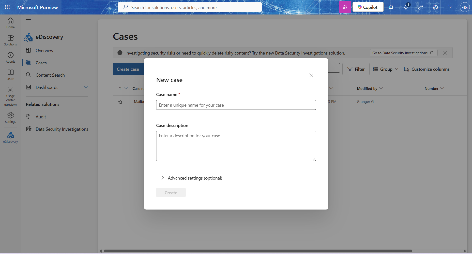 Providing details in a new case under eDiscovery