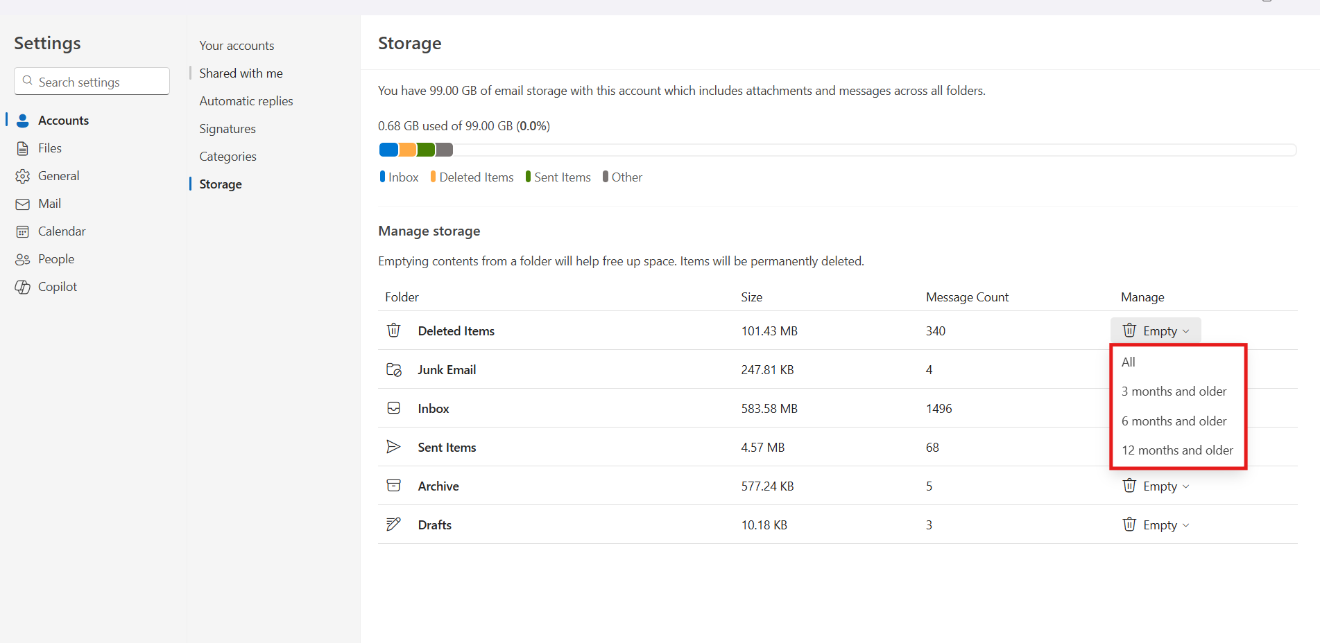 Selecting under manage storage options in Outlook