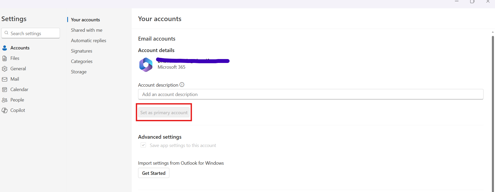 Setting primary account in Outlook
