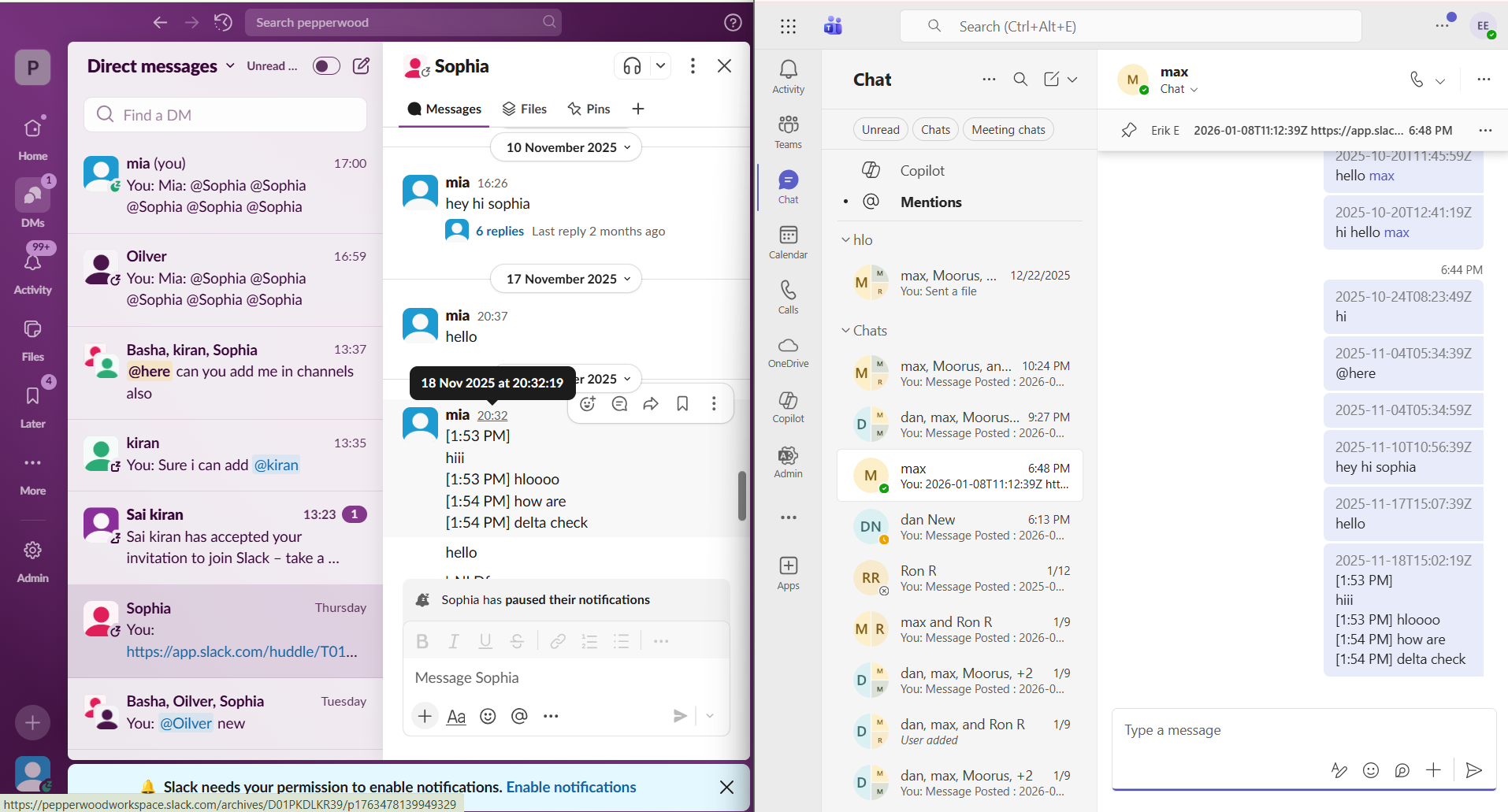 Slack to Teams DMs timestamps migration