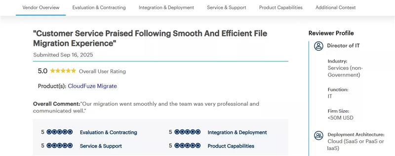 Successful migration review on Gartner using CloudFuze Migrate