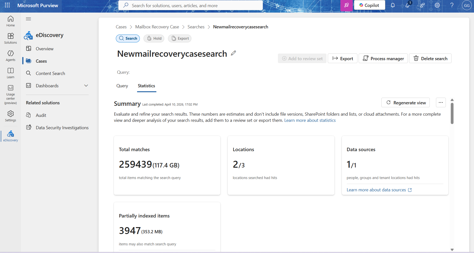 Summary results under Statistics