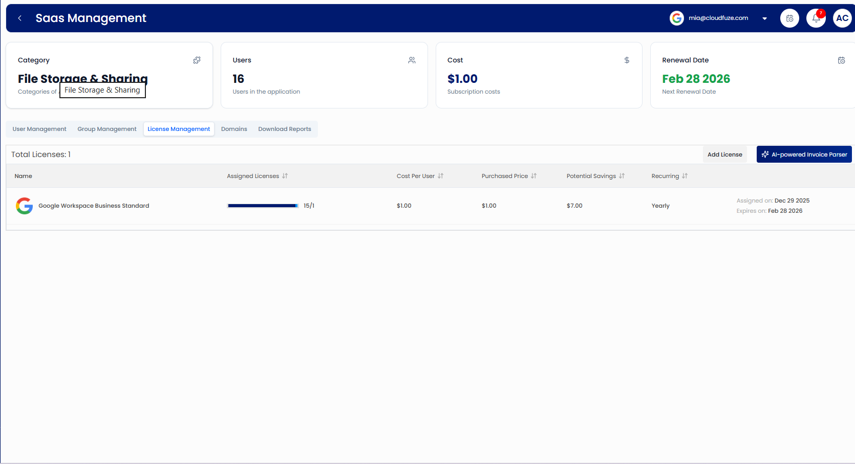 license management dashboard
