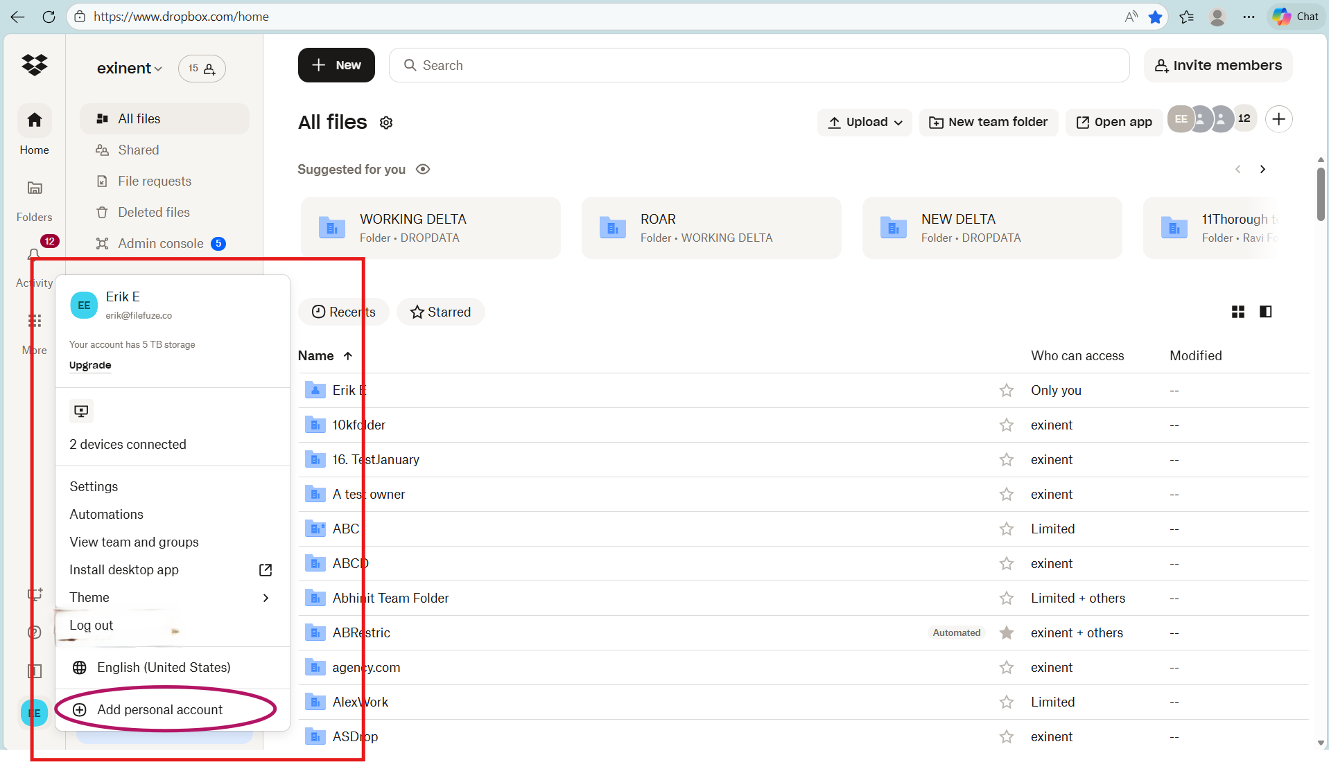 Adding a personal account in Dropbox