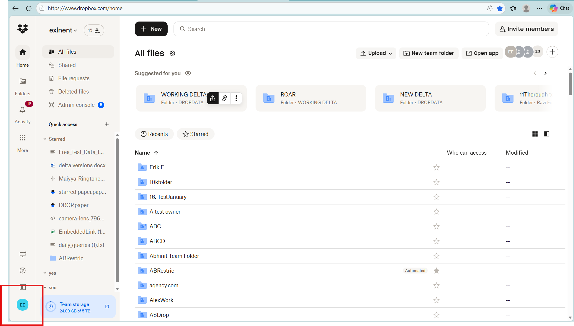 Clicking on Dropbox profile picture