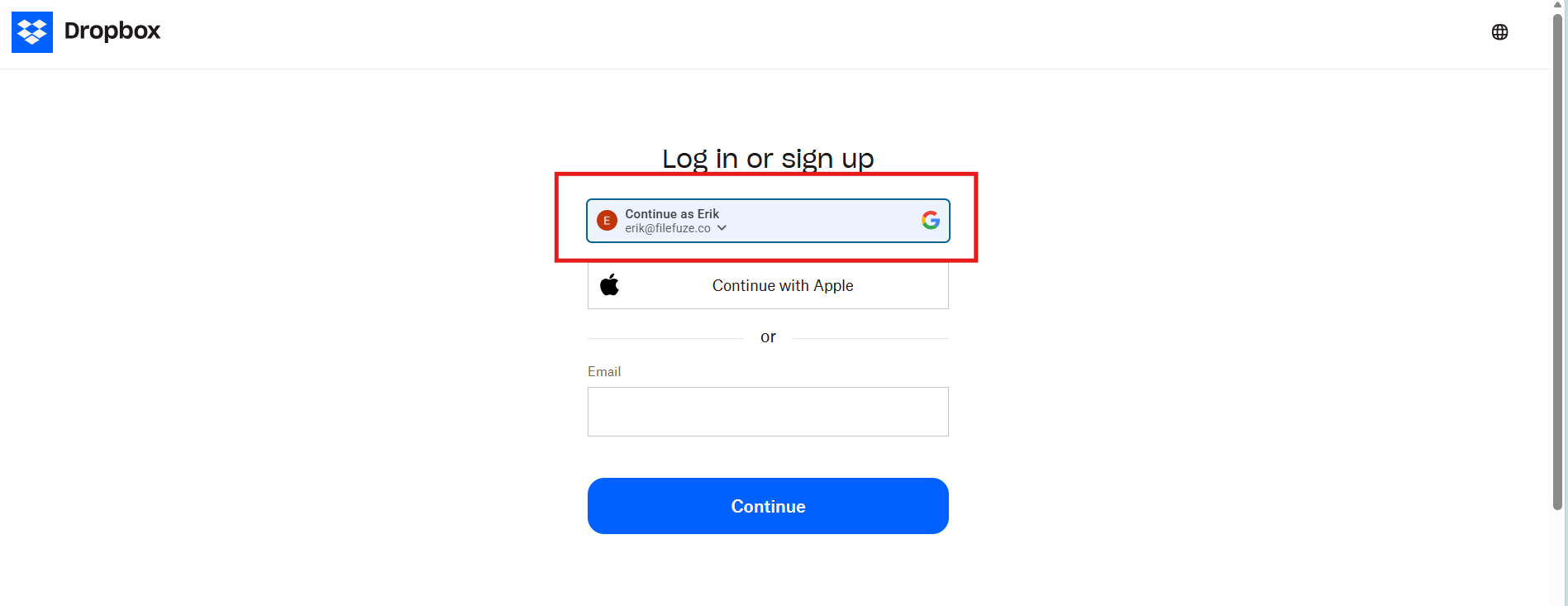 Dropbox sign up page