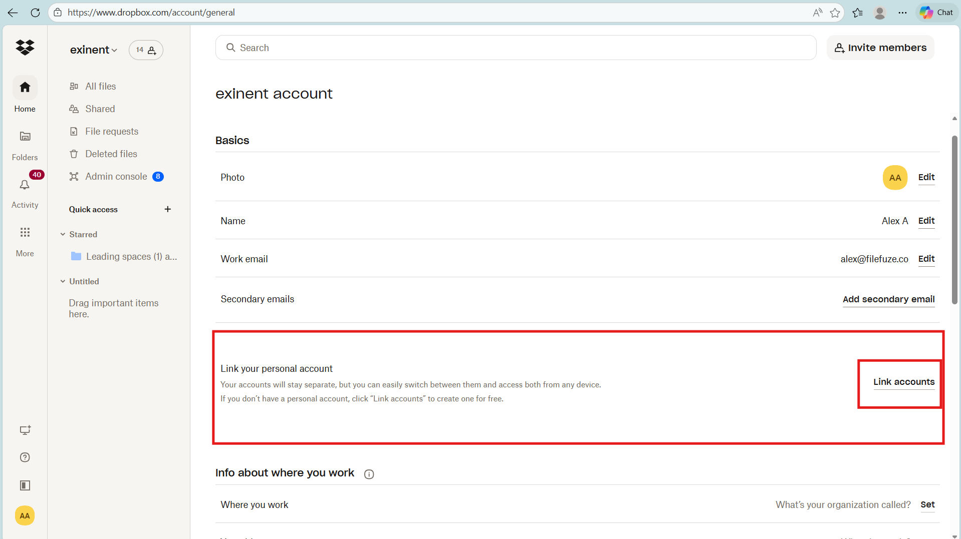 Linking accounts in Dropbox