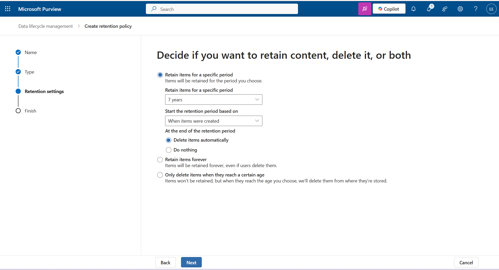 Make necessary changes under Retention Settings