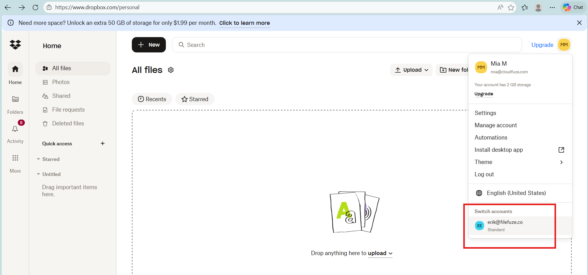 Managing Dropbox accounts by switching profiles