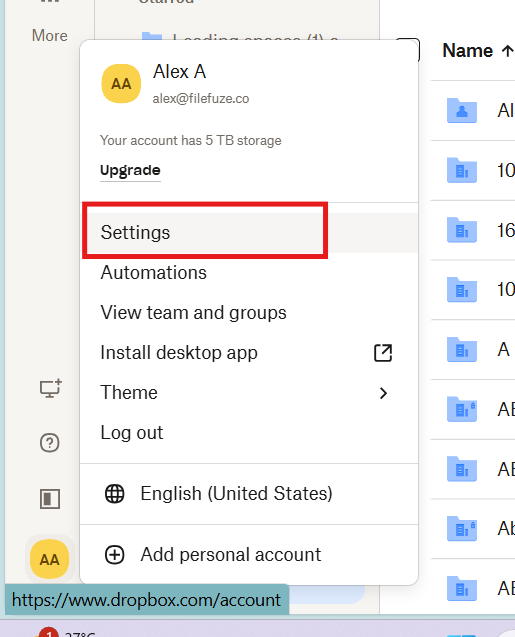 Navigating to Dropbox settings