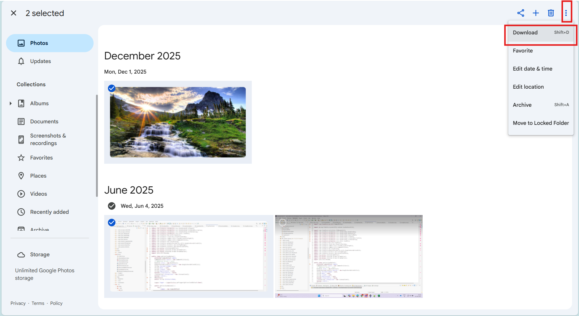 Selecting Google Photos to download