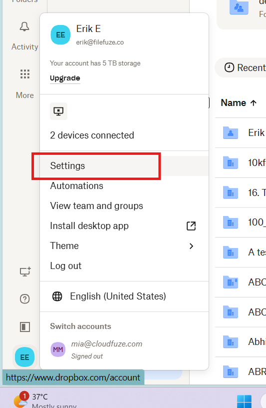 Settings tab in Dropbox