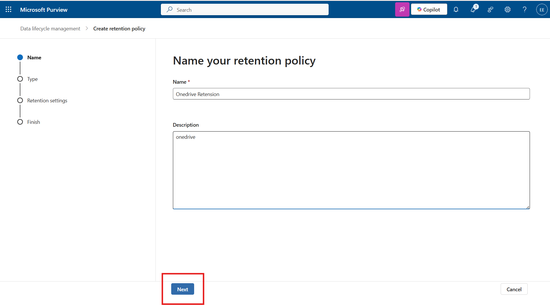 The image below shows the New Retention Policy page