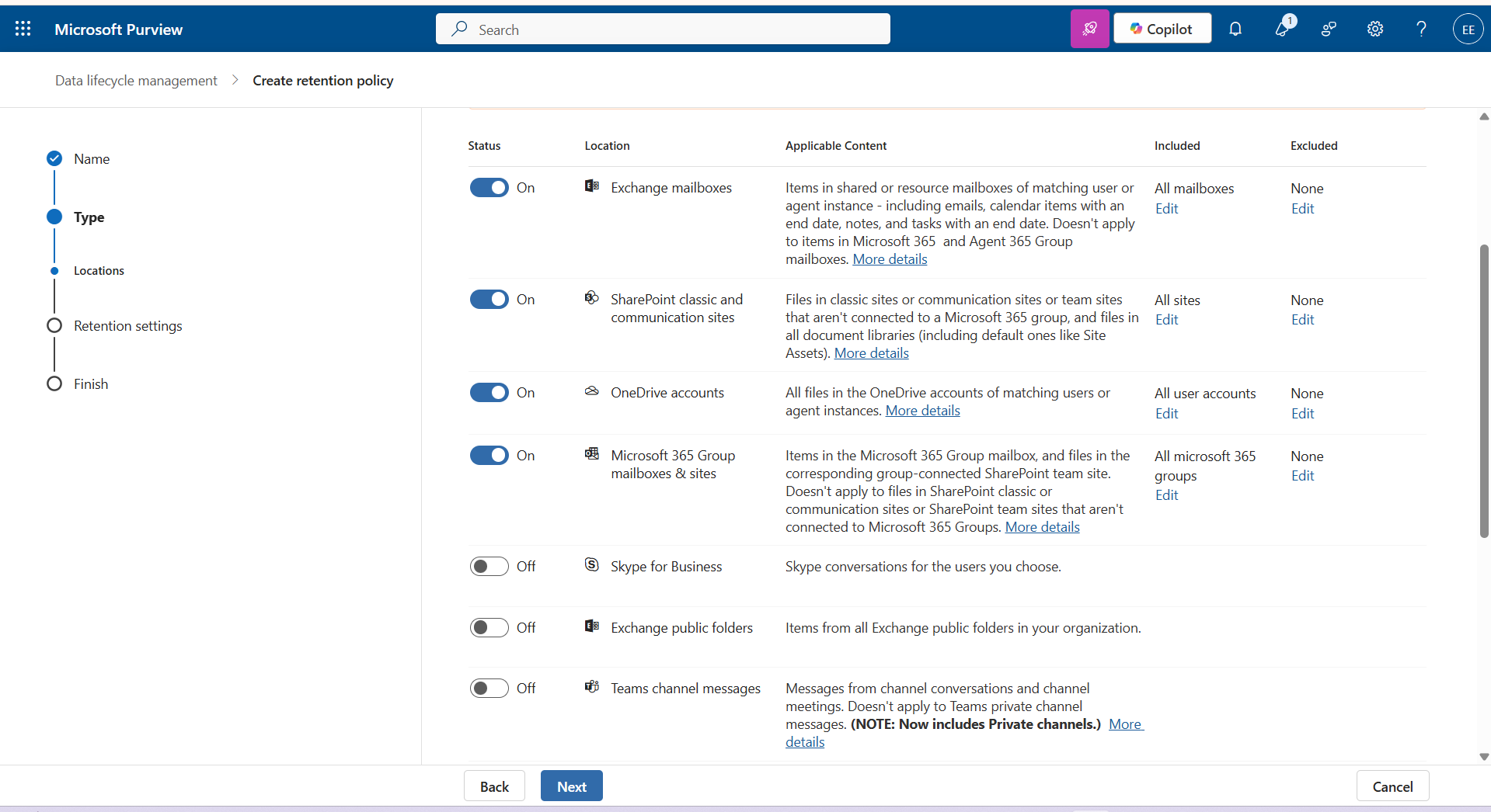 Under Locations, make necessary changes. Give Next