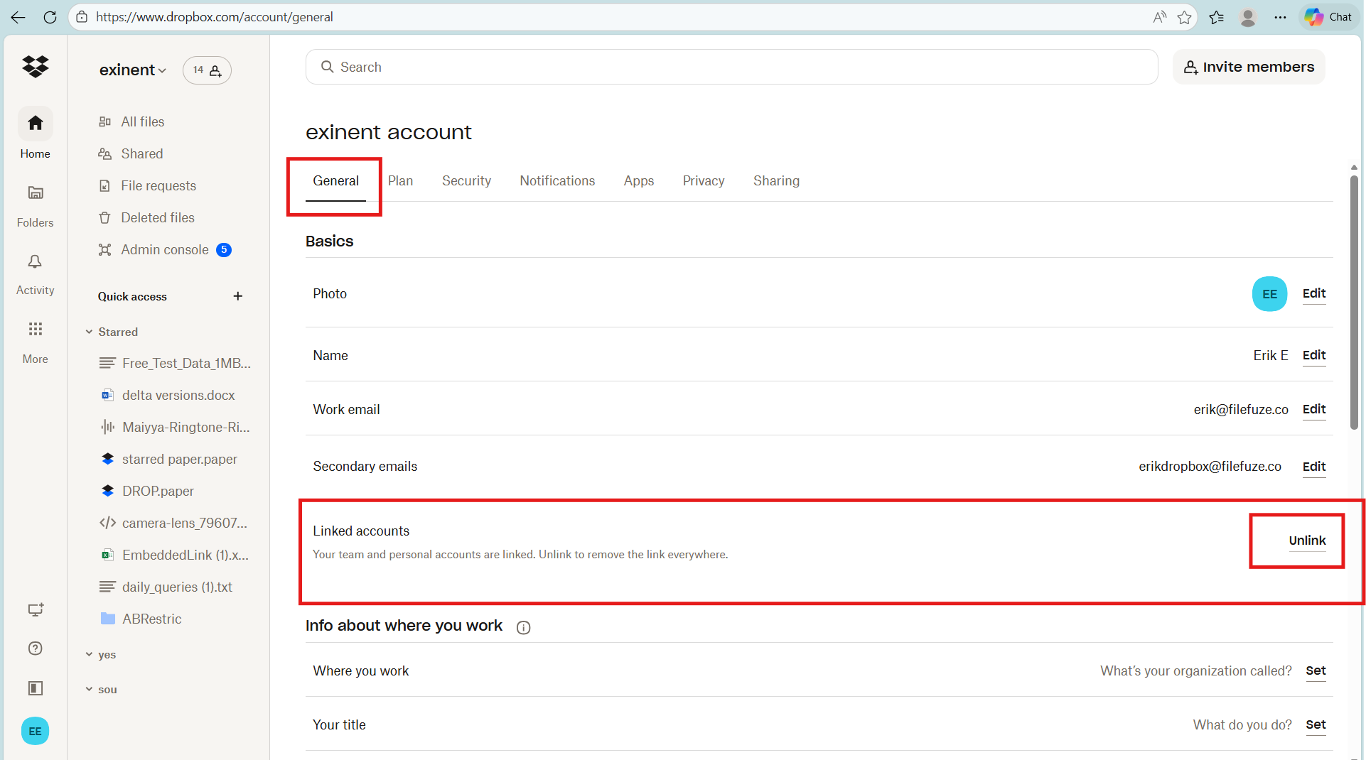 Unlink option under Dropbox settings