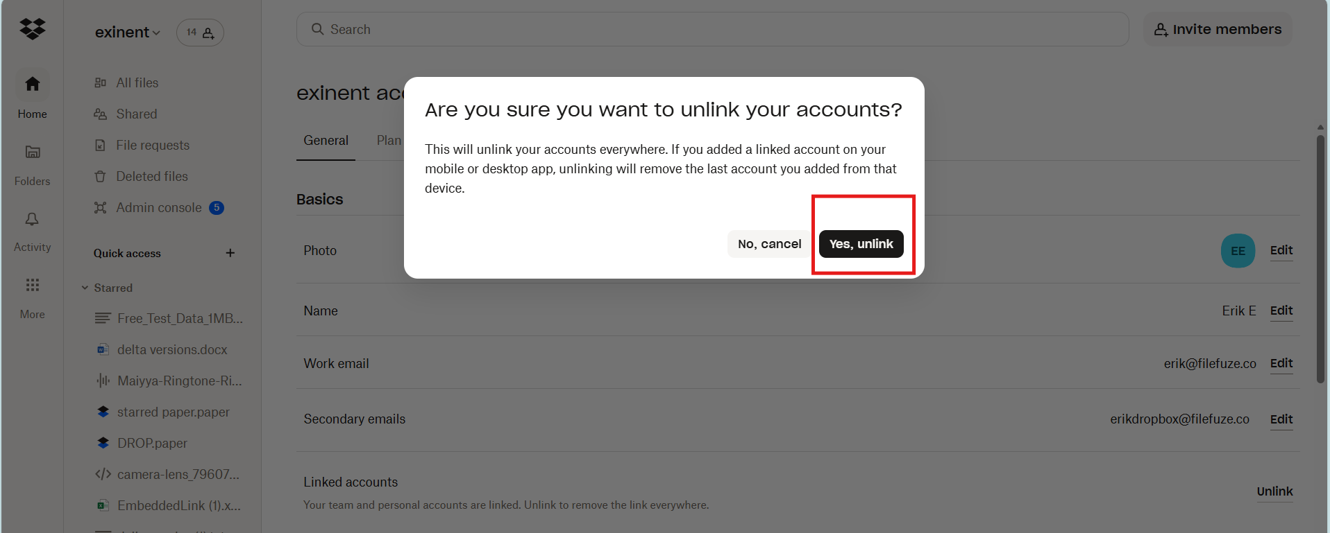 Unlinking Dropbox accounts