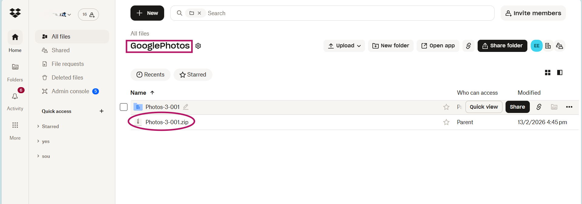 Zip file inside the created Dropbox folder