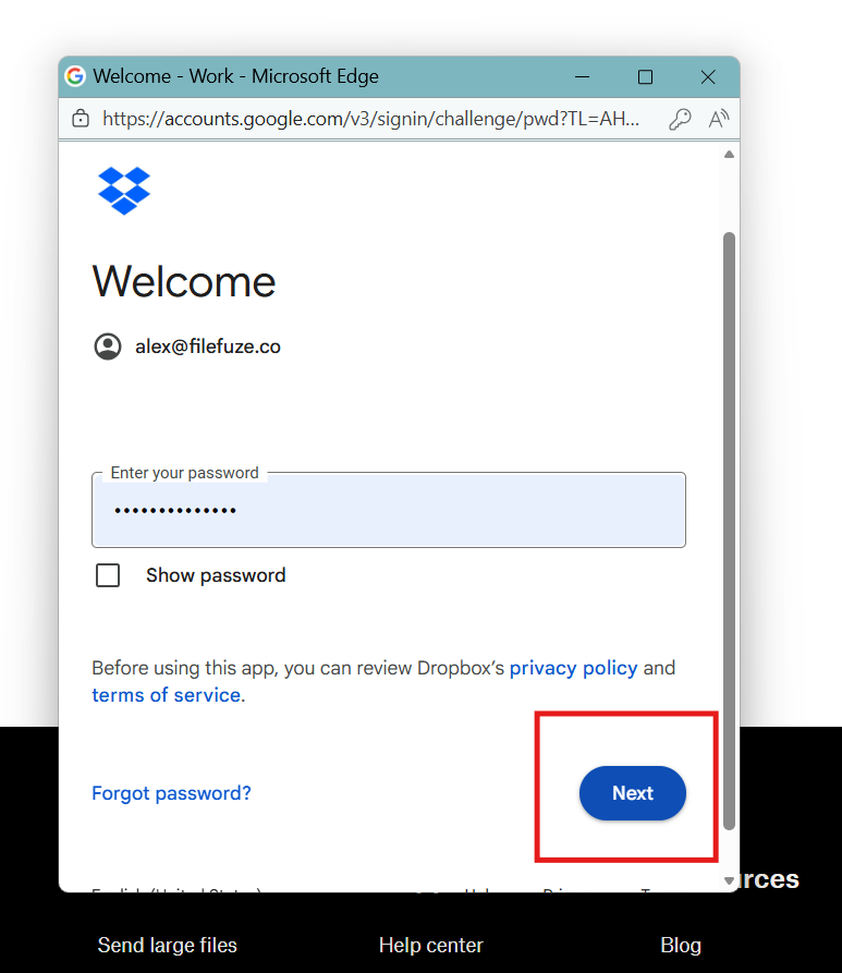 password credentials in Dropbox page
