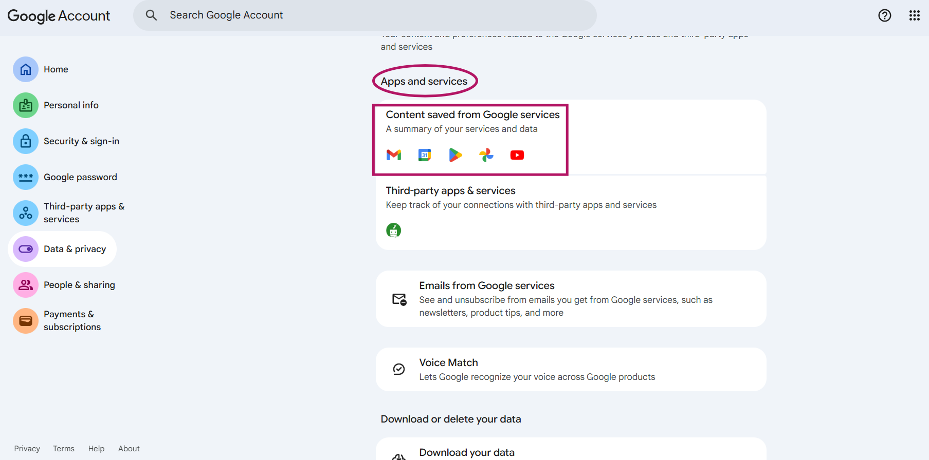 Apps and services section in Google account